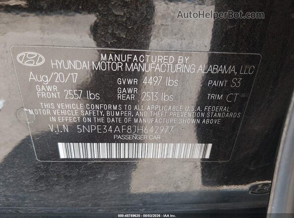 5NPE34AF8JH642977 2018 HYUNDAI SONATA Black Engine compartment view