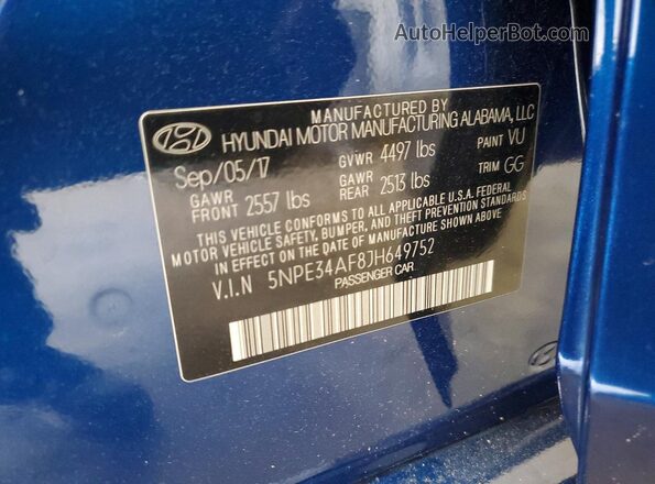 5NPE34AF8JH649752 2018 HYUNDAI SONATA Blue Vista de la etiqueta del VIN
