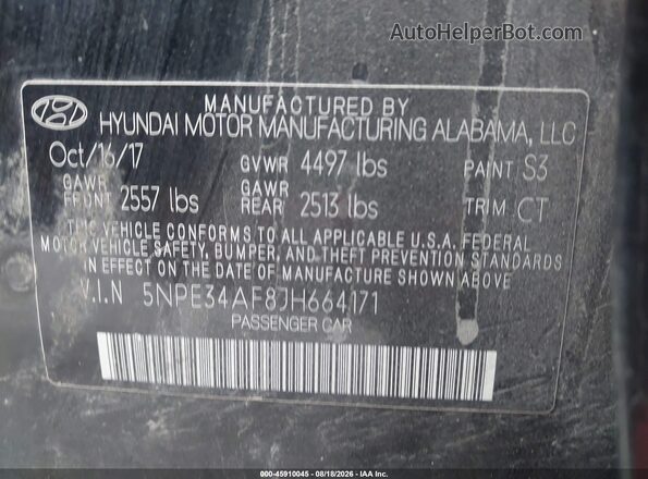 5NPE34AF8JH664171 2018 HYUNDAI SONATA Black ძრავის განყოფილების ხედი