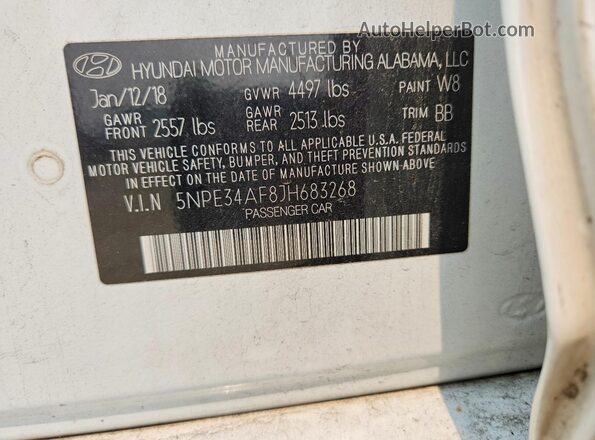 5NPE34AF8JH683268 2018 HYUNDAI SONATA White VIN կոդի պիտակի տեսք