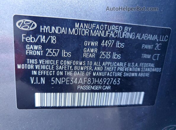 5NPE34AF8JH692763 2018 HYUNDAI SONATA Серебряный Вид наклейки с VIN-кодом