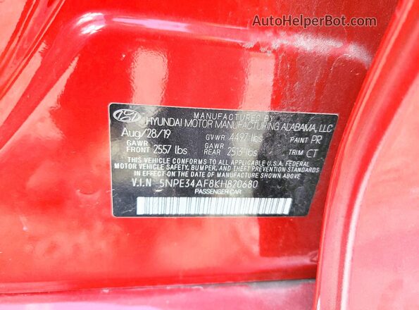 5NPE34AF8KH820680 2019 HYUNDAI SONATA Red 