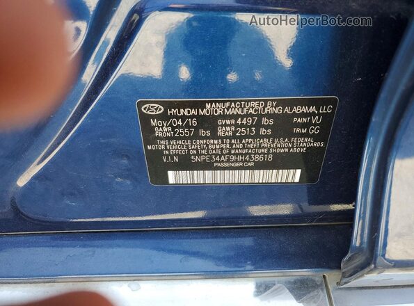 5NPE34AF9HH438618 2017 HYUNDAI SONATA Blue Vista del compartimento del motor