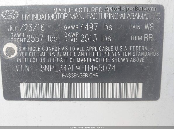 5NPE34AF9HH465074 2017 HYUNDAI SONATA White Vista del compartimento del motor