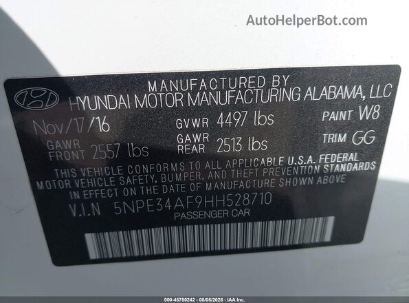 5NPE34AF9HH528710 2017 HYUNDAI SONATA White Շարժիչի բաժամունքի տեսք