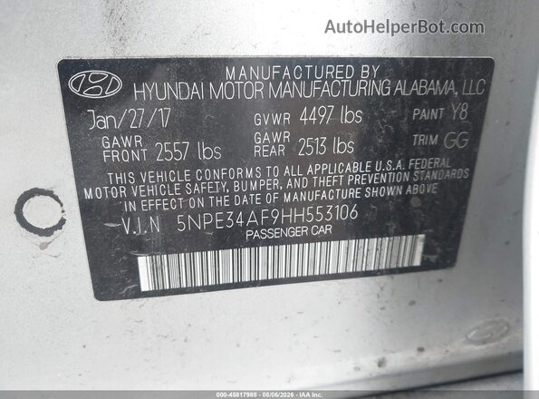 5NPE34AF9HH553106 2017 HYUNDAI SONATA Silver Engine compartment view