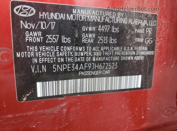 5NPE34AF9JH672523 2018 HYUNDAI SONATA Red ძრავის განყოფილების ხედი