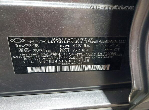 5NPE34AF9JH724538 2018 HYUNDAI SONATA Gray Vista del compartimento del motor