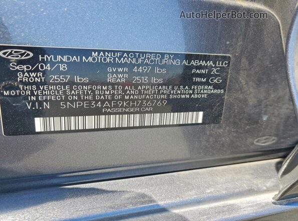 5NPE34AF9KH736769 2019 HYUNDAI SONATA Gray Widok naklejki z numerem VIN