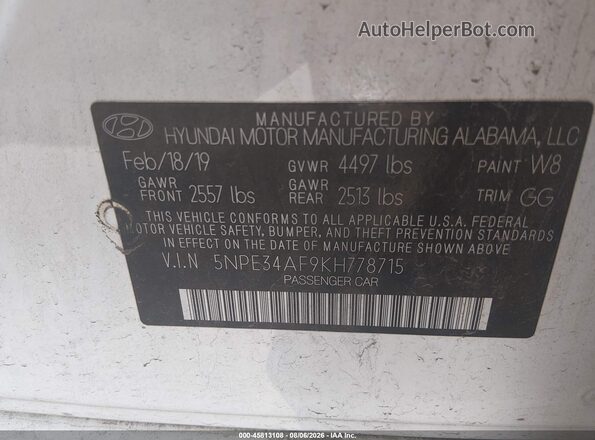 5NPE34AF9KH778715 2019 HYUNDAI SONATA Белый Вид подкапотного пространства