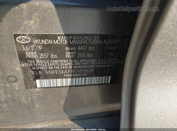 5NPE34AF9KH813639 2019 HYUNDAI SONATA Gray Շարժիչի բաժամունքի տեսք