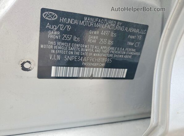 5NPE34AF9KH818985 2019 HYUNDAI SONATA Silver Vista del compartimento del motor