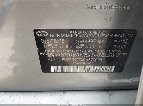 5NPE34AFXGH370098 2016 HYUNDAI SONATA Gray Vista del compartimento del motor