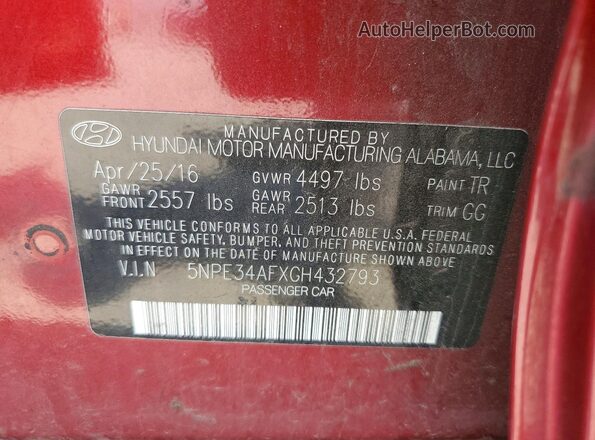 5NPE34AFXGH432793 2016 HYUNDAI SONATA Red Vista del compartimento del motor