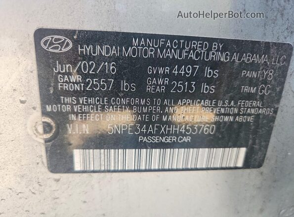 5NPE34AFXHH453760 2017 HYUNDAI SONATA Silver Вид наклейки з VIN-кодом