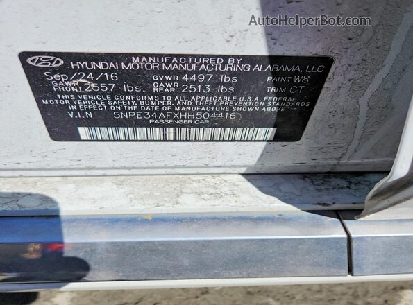 5NPE34AFXHH504416 2017 HYUNDAI SONATA White Widok komory silnika