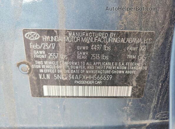 5NPE34AFXHH566639 2017 HYUNDAI SONATA Blue VIN sticker view