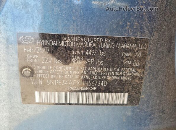 5NPE34AFXHH567340 2017 HYUNDAI SONATA Blue Engine compartment view