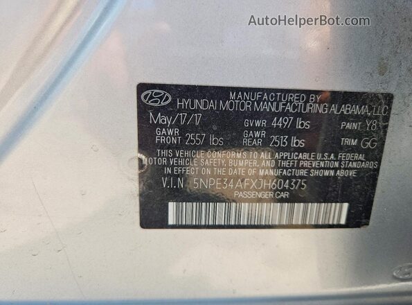 5NPE34AFXJH604375 2018 HYUNDAI SONATA Silver VIN sticker view