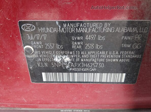 5NPE34AFXJH625730 2018 HYUNDAI SONATA Red Շարժիչի բաժամունքի տեսք