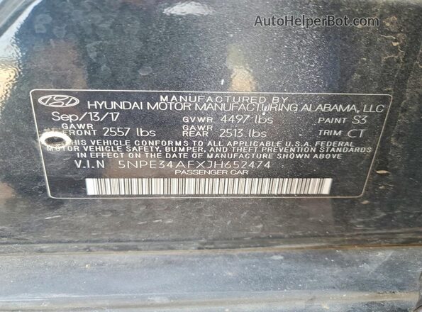 5NPE34AFXJH652474 2018 HYUNDAI SONATA Black Vista de la etiqueta del VIN