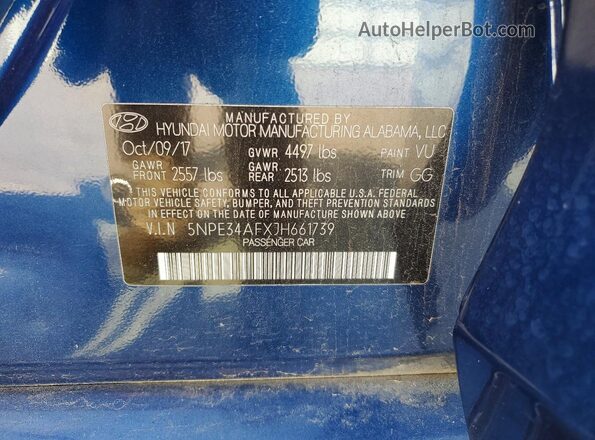 5NPE34AFXJH661739 2018 HYUNDAI SONATA Blue Vista del compartimento del motor