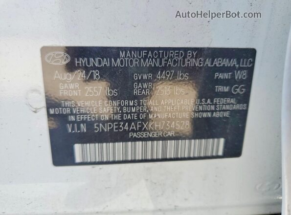 5NPE34AFXKH734528 2019 HYUNDAI SONATA White Vista del compartimento del motor