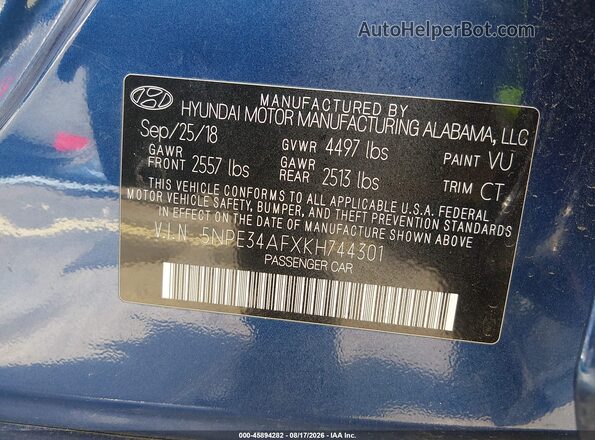 5NPE34AFXKH744301 2019 HYUNDAI SONATA Blue Շարժիչի բաժամունքի տեսք