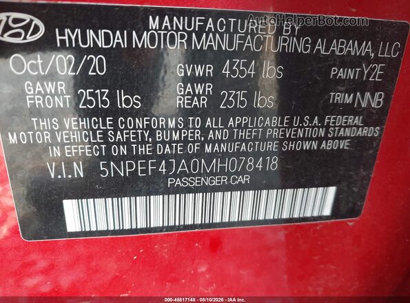 5NPEF4JA0MH078418 2021 HYUNDAI SONATA Red ძრავის განყოფილების ხედი