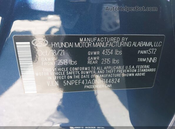 5NPEF4JA0NH144824 2022 HYUNDAI SONATA Blue Widok komory silnika