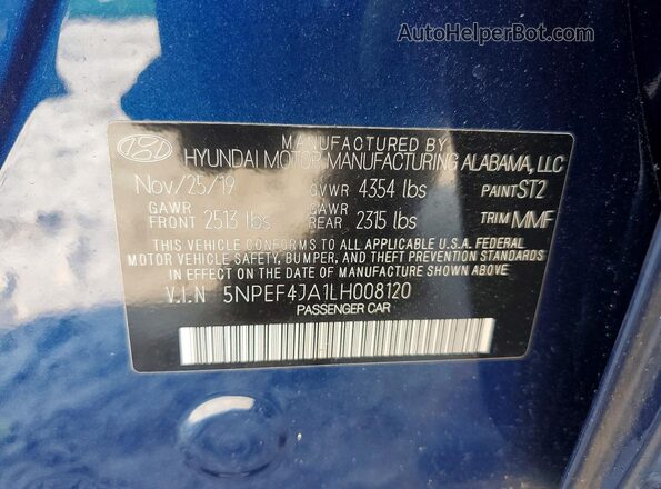 5NPEF4JA1LH008120 2020 HYUNDAI SONATA Синий Вид подкапотного пространства