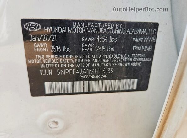 5NPEF4JA1MH116139 2021 HYUNDAI SONATA Белый Вид подкапотного пространства