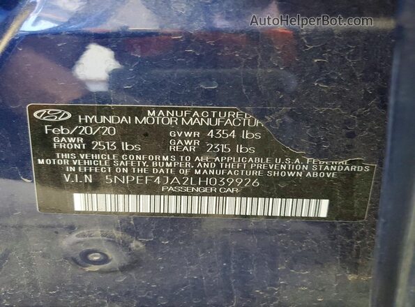 5NPEF4JA2LH039926 2020 HYUNDAI SONATA Blue Շարժիչի բաժամունքի տեսք
