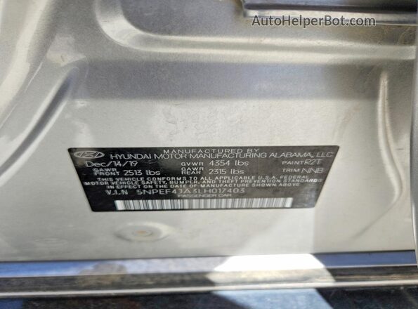 5NPEF4JA3LH017403 2020 HYUNDAI SONATA Silver Vista de la etiqueta del VIN
