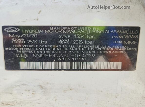 5NPEF4JA3LH054029 2020 HYUNDAI SONATA White ძრავის განყოფილების ხედი