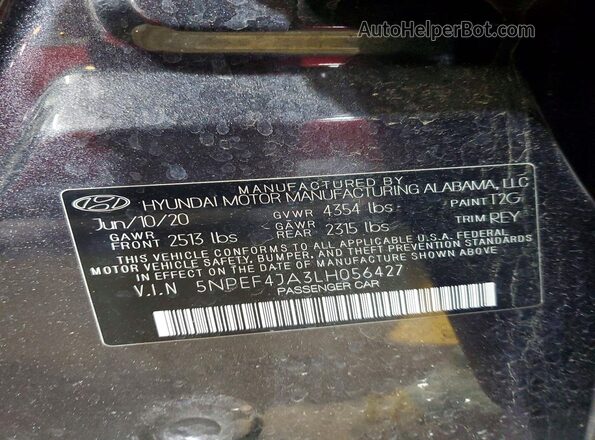 5NPEF4JA3LH056427 2020 HYUNDAI SONATA Gray VIN კოდის სტიკერის ხედი