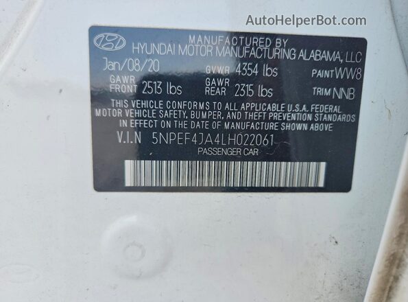 5NPEF4JA4LH022061 2020 HYUNDAI SONATA White Вид наклейки з VIN-кодом