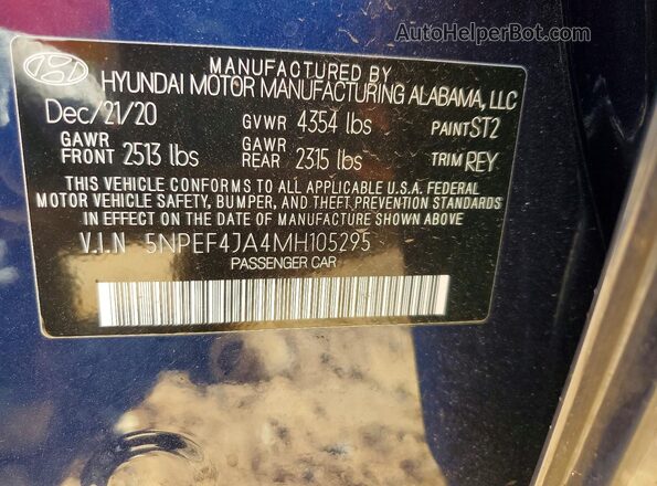 5NPEF4JA4MH105295 2021 HYUNDAI SONATA Blue ძრავის განყოფილების ხედი
