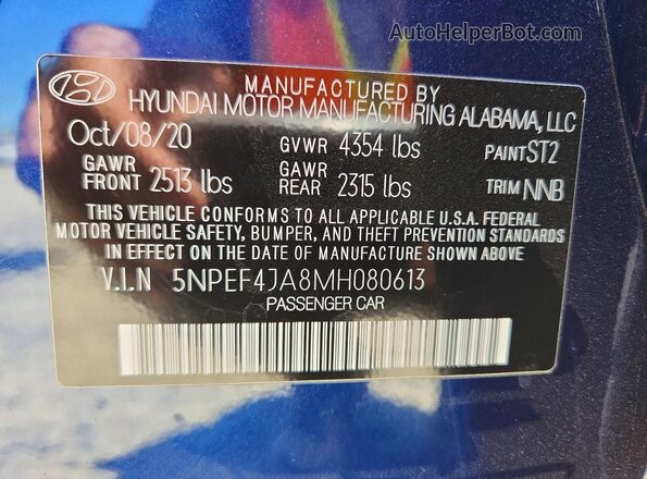 5NPEF4JA8MH080613 2021 HYUNDAI SONATA Blue VIN կոդի պիտակի տեսք