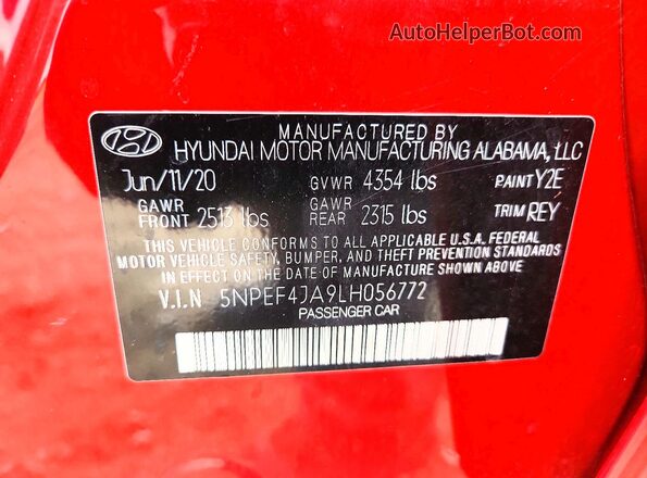 5NPEF4JA9LH056772 2020 HYUNDAI SONATA Red Engine compartment view