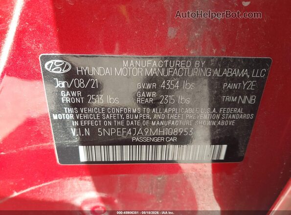 5NPEF4JA9MH108953 2021 HYUNDAI SONATA Red Vista del compartimento del motor