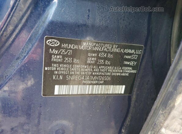 5NPEG4JA1MH126506 2021 HYUNDAI SONATA Blue Вид наклейки з VIN-кодом