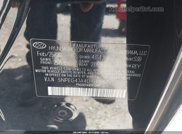 5NPEG4JA4LH041982 2020 HYUNDAI SONATA Black Vista del compartimento del motor