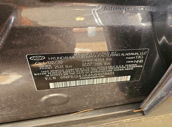 5NPEG4JA6MH078601 2021 HYUNDAI SONATA Gray Widok naklejki z numerem VIN