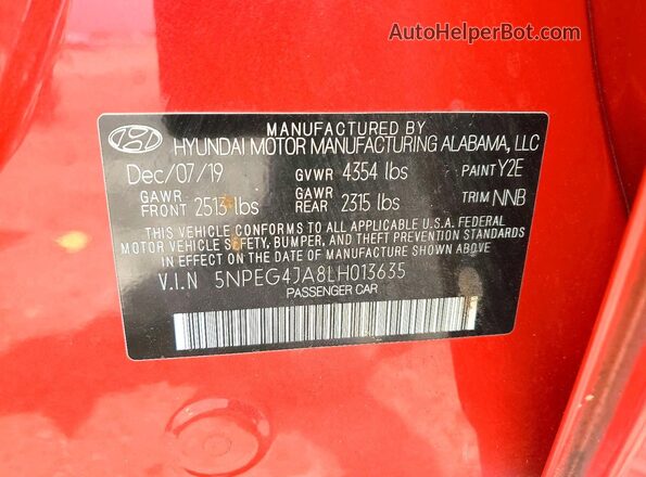 5NPEG4JA8LH013635 2020 HYUNDAI SONATA Red Widok naklejki z numerem VIN