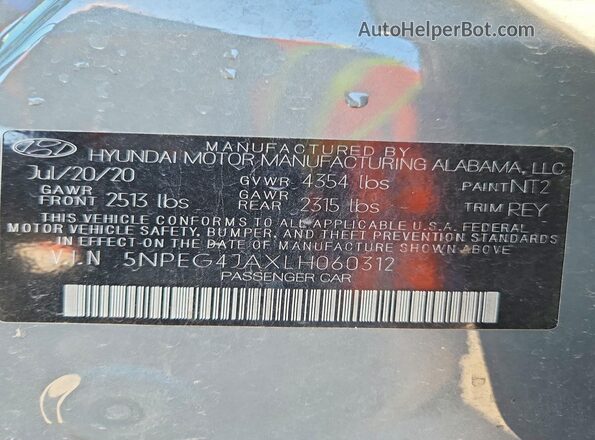 5NPEG4JAXLH060312 2020 HYUNDAI SONATA Gray Widok naklejki z numerem VIN
