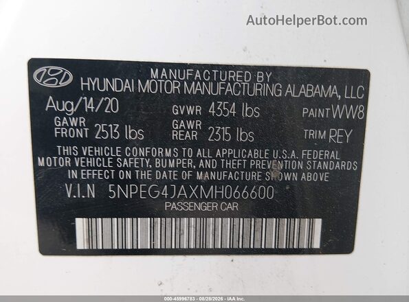 5NPEG4JAXMH066600 2021 HYUNDAI SONATA White Вид підкапотного простору