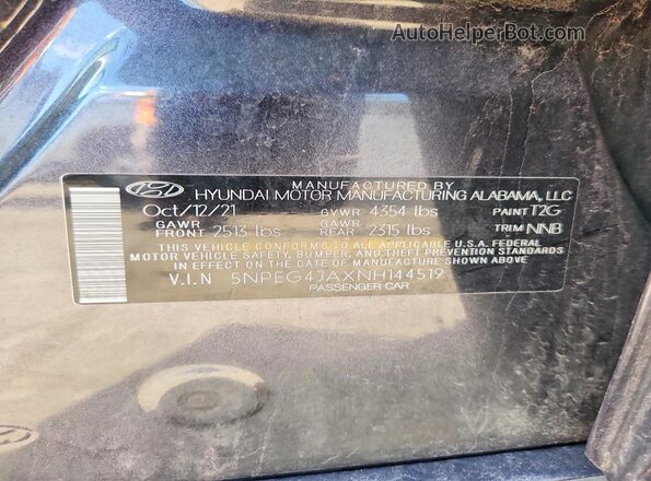 5NPEG4JAXNH144519 2022 HYUNDAI SONATA Charcoal Widok naklejki z numerem VIN