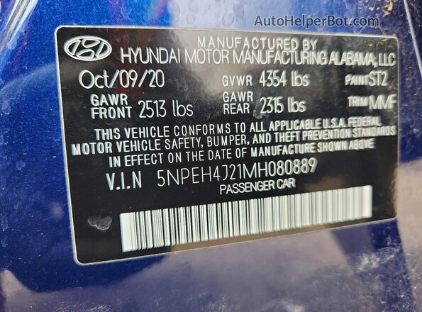 5NPEH4J21MH080889 2021 HYUNDAI SONATA Blue 