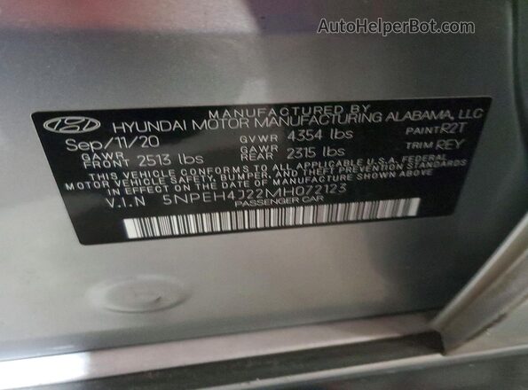 5NPEH4J22MH072123 2021 HYUNDAI SONATA Silver VIN կոդի պիտակի տեսք